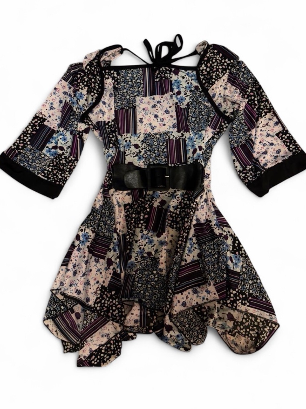 Asymmetrical Patchwork Floral Dress in Multi-Color